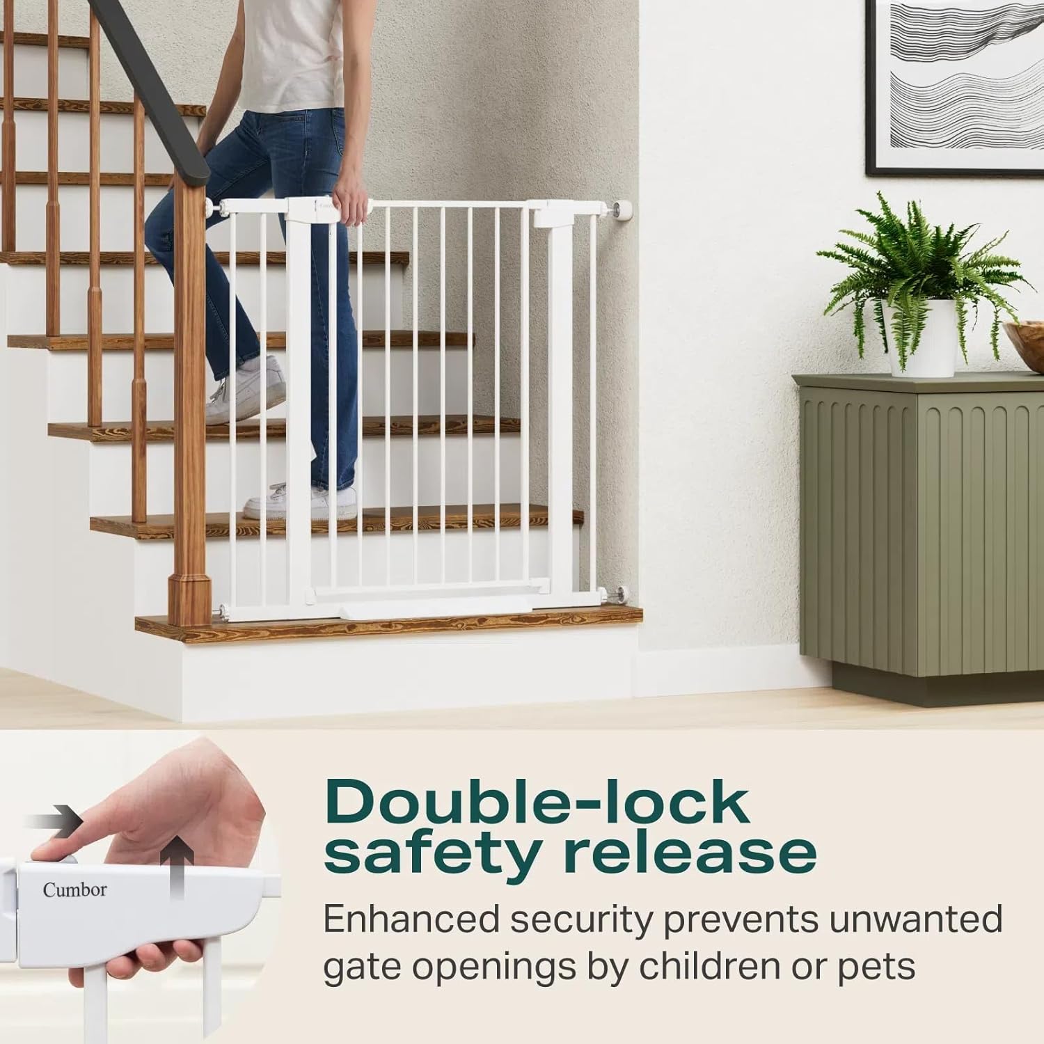 Cumbor 36 Extra Tall Baby Gate for Stairs, 29.7-40.6(Extensions Included) Wide Dog Gate for Doorways, Pressure Mounted Auto-Close Pets Gates for Dogs Indoor, Durable Safety Child Gate, White